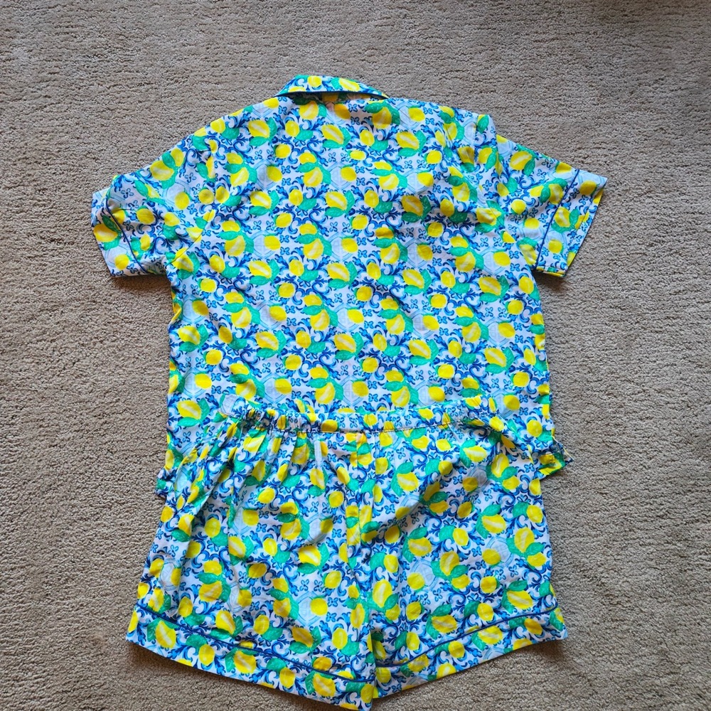 Isaac Mizrahi Sleepwear Lemon Tile Print Pajama Set Shorts Top Blue Yellow M - Picture 4 of 4